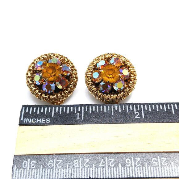 Vintage Topaz Rhinestone Mesh Earrings, Gold Plated, Aurora Borealis, 1950s - Picture 7 of 10